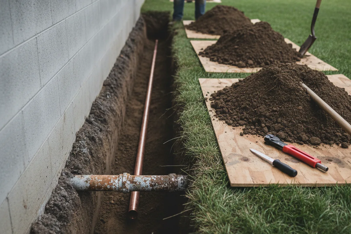 Excavated water line trench during Sewer Line Repair in Hopwood